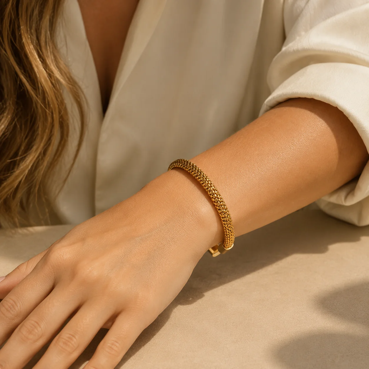 br06-flat-c-shaped-woven-stainless-steel-cuff-01 Braided Openwork Bracelet - Image 1