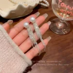 Long Pearl Tassel Earrings - Image 4