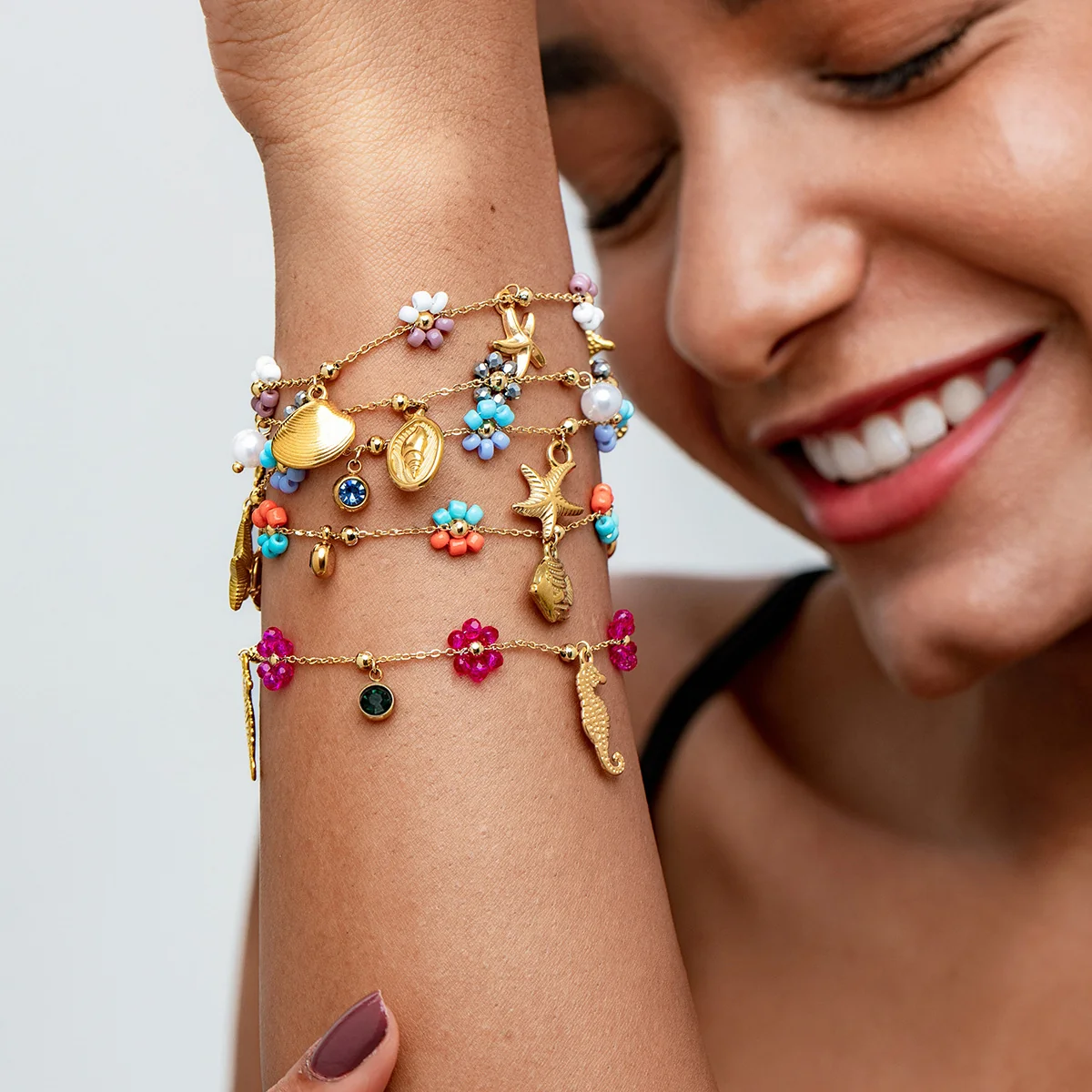 lb06-flower-rose-butterfly-charm-steel-bracelet-02 Floral Butterfly Charm Bracelet - Image 1