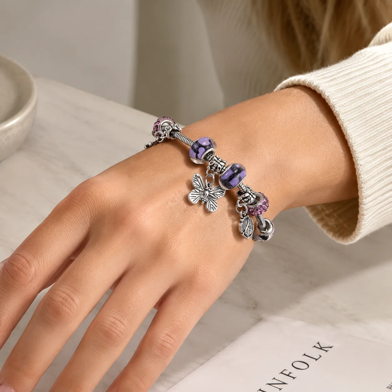 lb09-heart-butterfly-beaded-adjustable-crystal-bracelet-01 Crystal Bracelet - Image 1