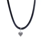 Black Leather Cord Heart Zircon Necklace - Image 4