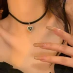 Black Leather Cord Heart Zircon Necklace - Image 5