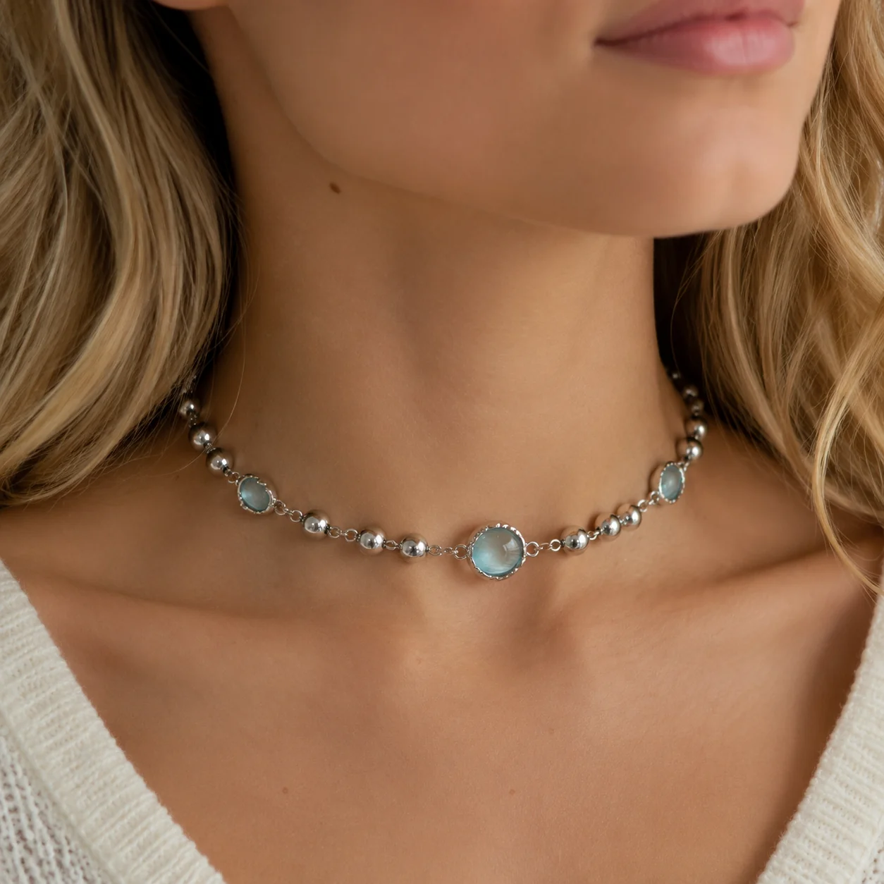 ne26-dopamine-blue-beaded-choker-necklace-01 Blue Round Bead Necklace - Image 1